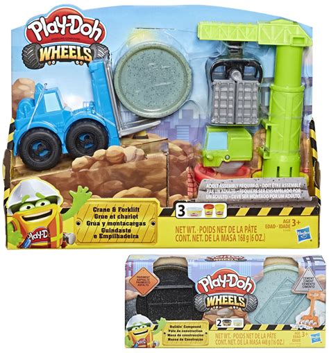 Play Doh Wheels Crane And Forklift Set With 3 Cans Of Dough And Pavement