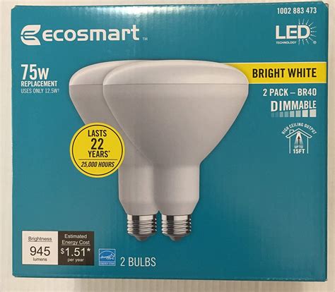 Ecosmart 75 Watt Equivalent Br40 Dimmable Energy Star Led Light Bulb Bright White 2 Pack New