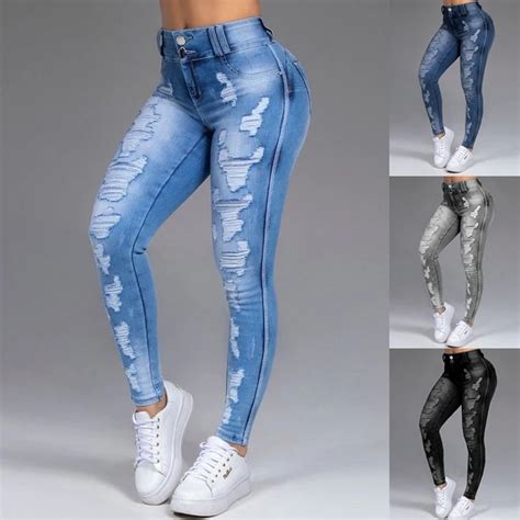 Jean Déchiré Taille Haute Pour Femme Pantalon En Denim Bleu Ajouré