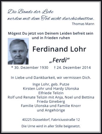 Alle Traueranzeigen für Ferdinand Ferdi Lohr trauer rp online de