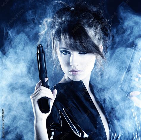 Beautiful Sexy Girl Holding Gun Smoke Background Stock Photo Adobe