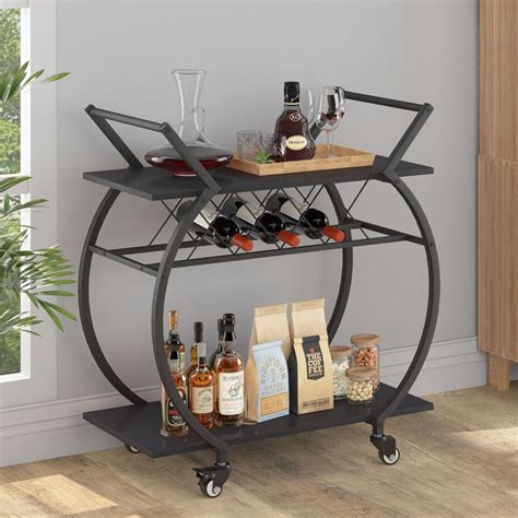 LVB Black Wine Cart With Wheels Modern Bar Cart With Wine Rack