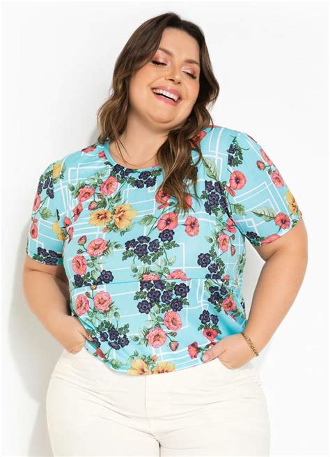 Blusa Floral Turquesa Peplum Plus Size Queima De Estoque