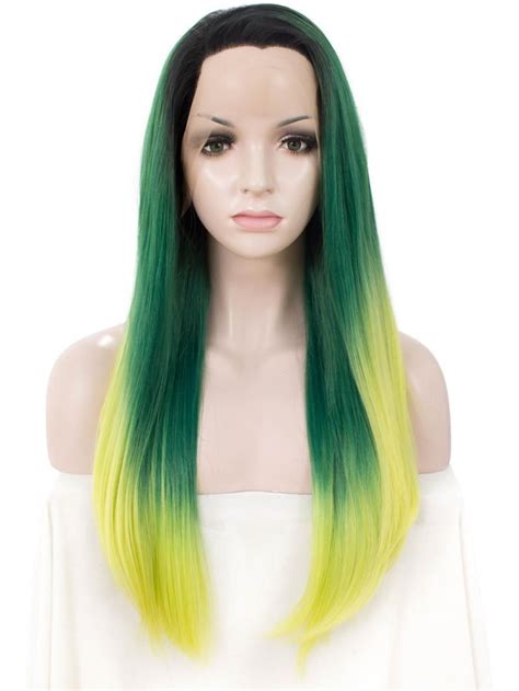 1bt Green To Yellow Long Straight Lace Front Wig Synthetic Wigs Babalahair