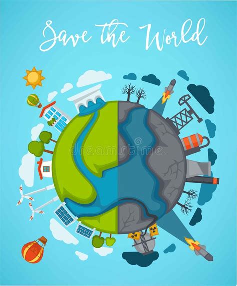 Save World Agitation Poster with Earth Devided in Half Stock Vector - Illustration of clean ...