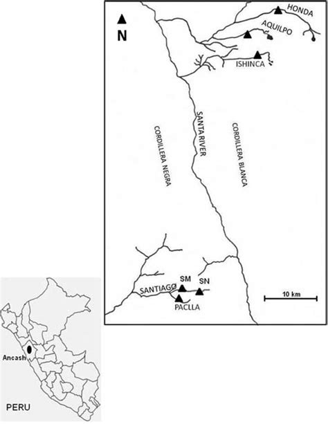 Map of sampling area indicating the streams in the Cordillera Blanca ...