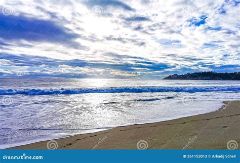 Beach Sand Blue Water Huge Surfer Waves Puerto Escondido Mexico Stock