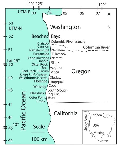 Map of Oregon coastline with positions of beaches and estuaries named ...