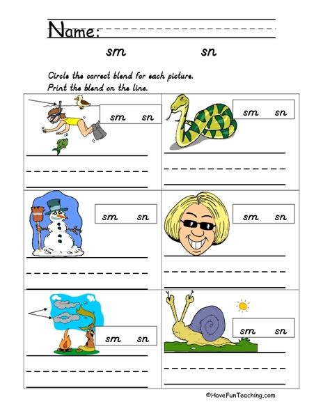 Sm And Sn Consonant Blends Worksheet For Pre K 1st Grade Lesson Planet