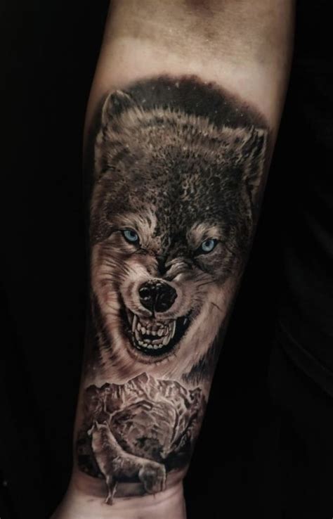 Wolf Tattoo with Blue Eyes and Fangs