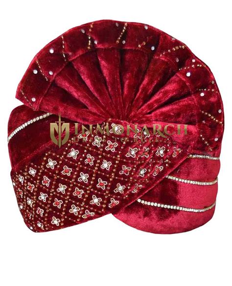 Designer Maroon Velvet Turban Pagari Safa Groom Hats Inmonarch