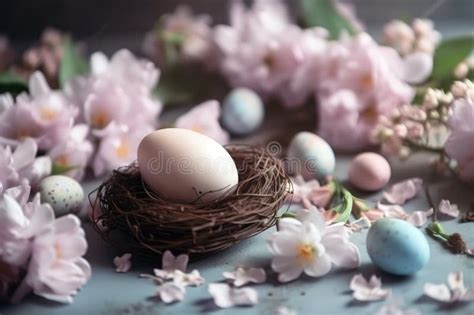 Happy Easter Concept With Easter Eggs In Nest And Spring Flowers On