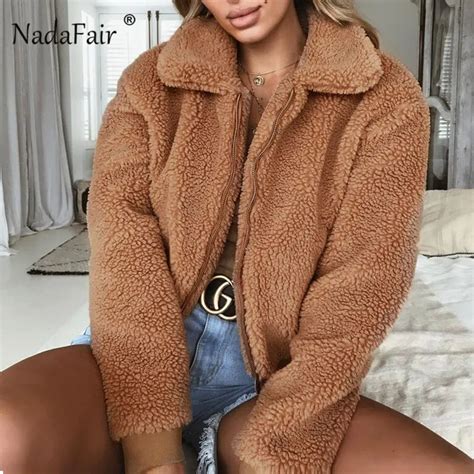 Nadafair Plus Size Fleece Faux Fur Teddy Coats Women Winter Thick