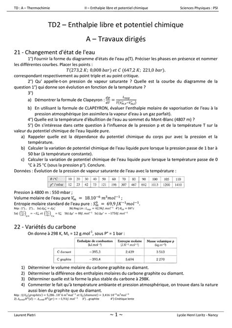 TD2 Enthalpie libre et potentiel chimique A Travaux dirigés