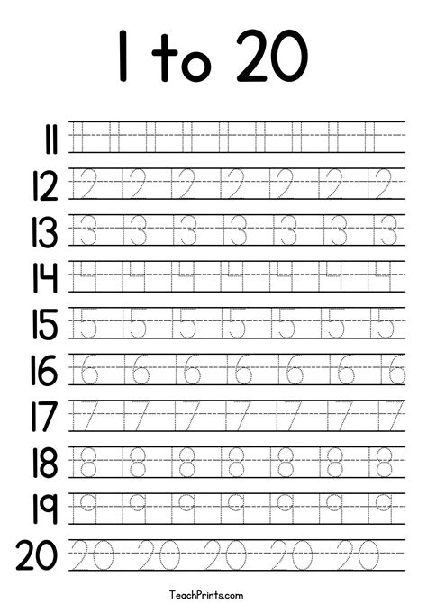 Tracing Numbers 1 20 Worksheets Free Printable Pdfs Teach Prints