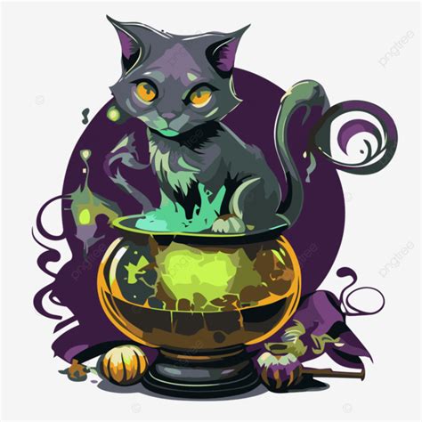 Hocus Pocus Cat Vector Sticker Clipart Halloween Cat Sitting In A Potion Pot Cartoon Sticker