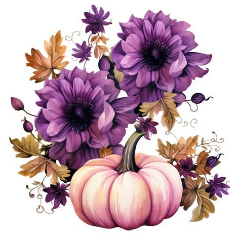 Premium Ai Image Purple Flowers And A Pumpkin Are Sitting On A White Background Generative Ai