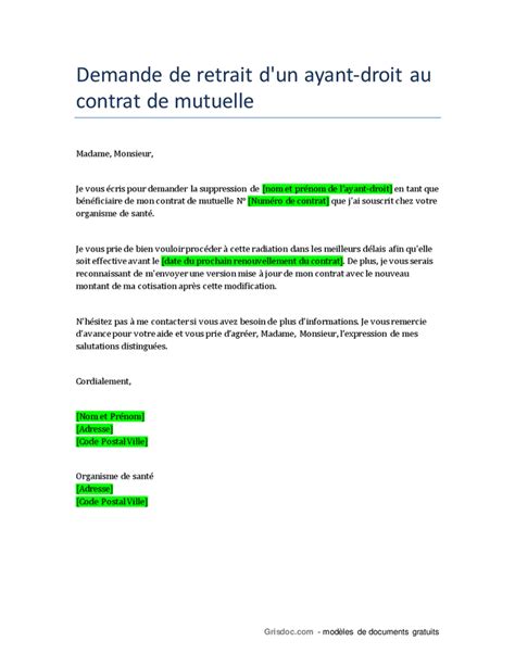 Demande De Retrait D Un Ayant Droit Au Contrat De Mutuelle DOC PDF