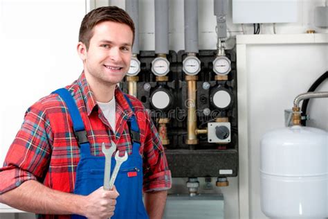 Technician Servicing Heating Boiler Stock Image Image Of Handyman