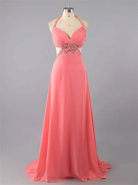 Empire V Neck Chiffon Sweep Train Crystal Detailing Prom Dresses