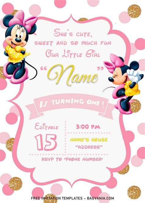 Pink And Gold Minnie Mouse Birthday Invitation Templates Editable