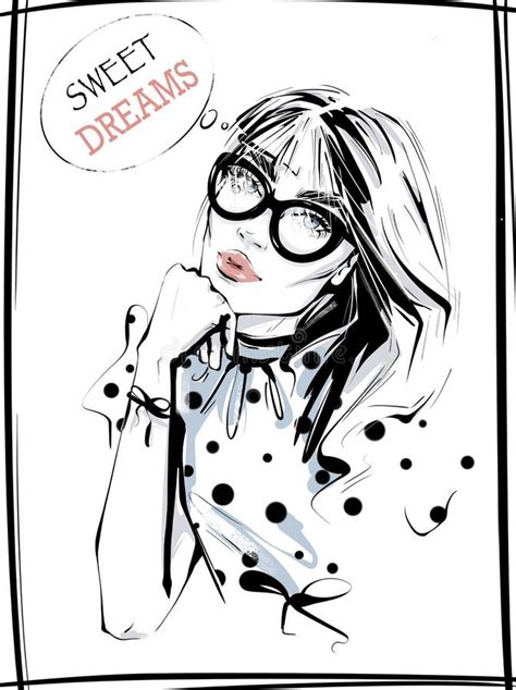 Hand Drawn Beautiful Young Woman In Eyeglasses Fashion Woman In Spotted Shirt Girl In Fashion