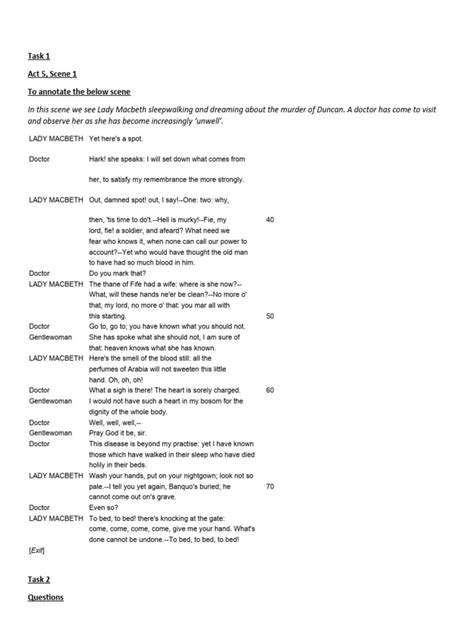 Act 5 Scene 1 Macbeth Activities Annotated | PDF | Macbeth