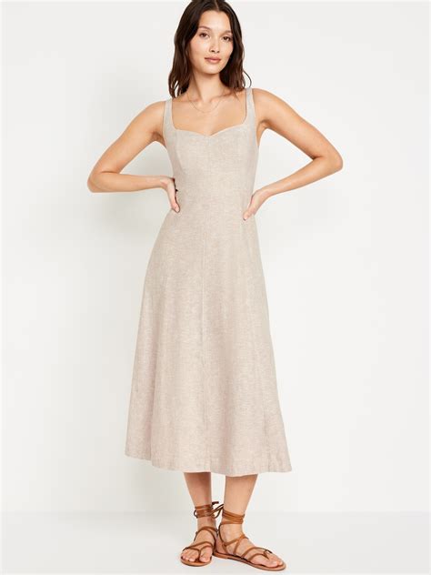 Fit Flare Linen Blend Midi Dress Old Navy