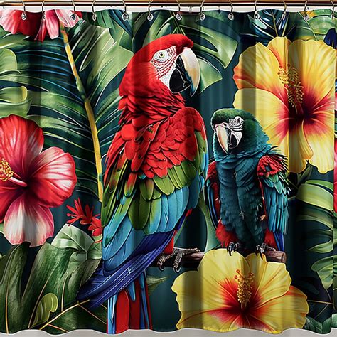 Vibrant Macaw Parrot On Hawaiian Floral Print Shower Curtain Tropical