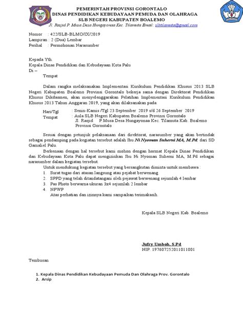 SURAT KE DINAS Pendidikan Dan Kebudayaan Kota Palu-1 | PDF