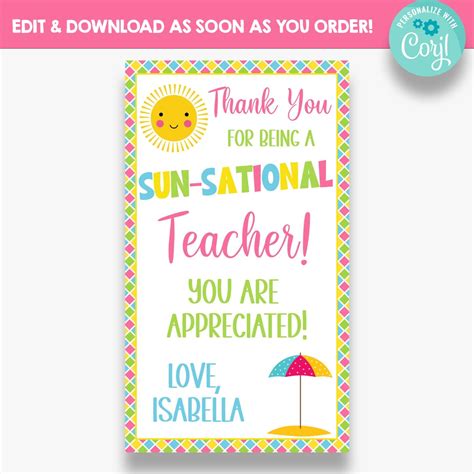 Editable Thank You For Being A Sun Sational Teacher Rectangle T Tags