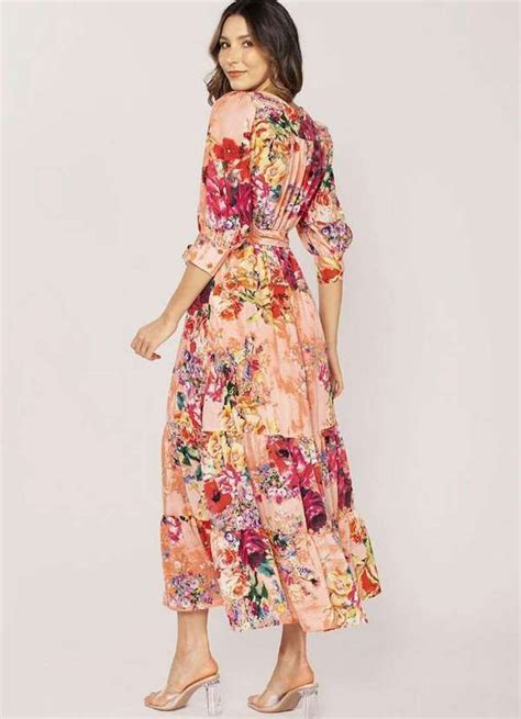 Lamis Vestido Midi Floral Manga Bufante Abotoamento Frontal Salmao Em