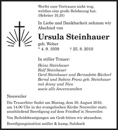 Traueranzeigen Von Ursula Steinhauer Saarbruecker Zeitung Trauer De