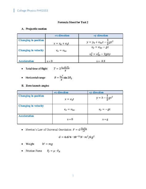 Formula Sheet For Test 2 College Physics PHY 1 Formula Sheet For Test