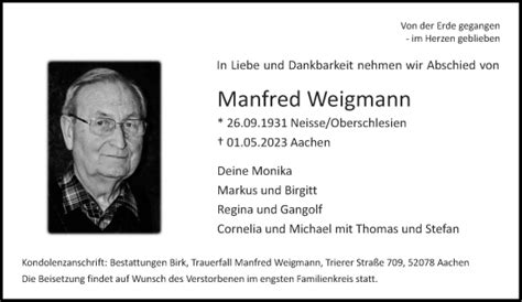 Traueranzeigen Von Manfred Weigmann Aachen Gedenkt