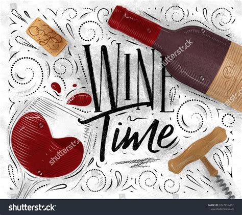 Poster Lettering Wine Time Illustrated Bottle Stock Vector Royalty