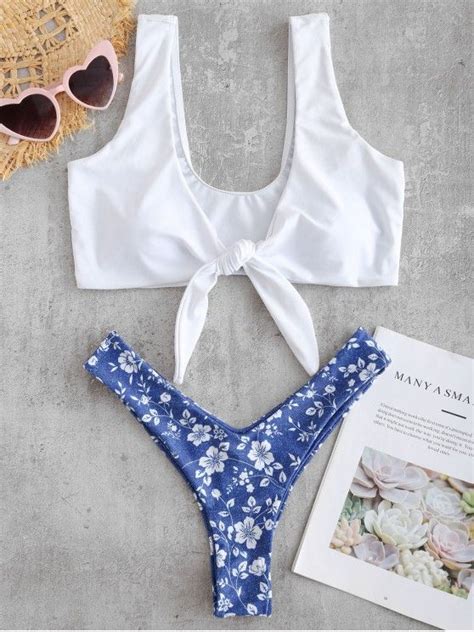 Off Zaful Knotted Faux Denim Color Block Bikini Set In Denim