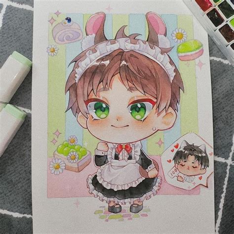 A Drawing Of A Girl With Green Eyes And Bunny Ears On Her Head Sitting