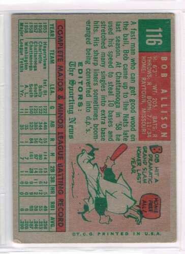 1959 Topps 116 Bob Allison Rc Washington Senators Ebay