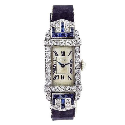 Cartier Art Deco Ladies Rectangle Diamond Sapphire Watch France Circa