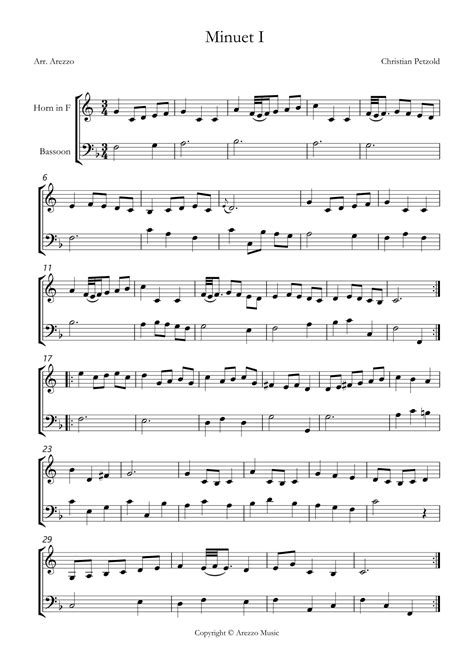 Bach Bwv Anh 114 Minuet In G French Horn And Bassoon Sheet Music Arr Arezzo Music By J S Bach