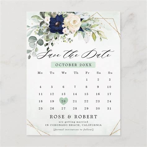 Navy Blush Floral Greenery Calendar Save The Date Postcard Zazzle