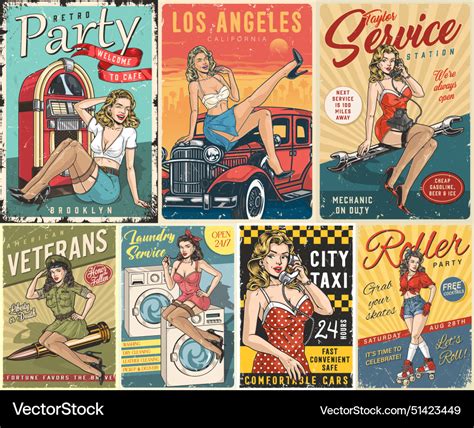 Pinup Women Set Poster Colorful Royalty Free Vector Image