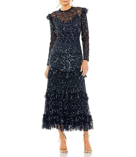 Mac Duggal Long Sleeve High Neck Sequin Embellished Tiered Gown Dillards