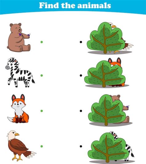 Premium Vector | Finding hiding animals child exercise sheet bear zebra fox eagle printable