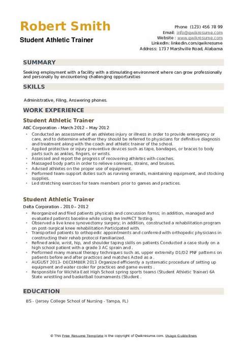 Student Athletic Trainer Resume Samples | QwikResume