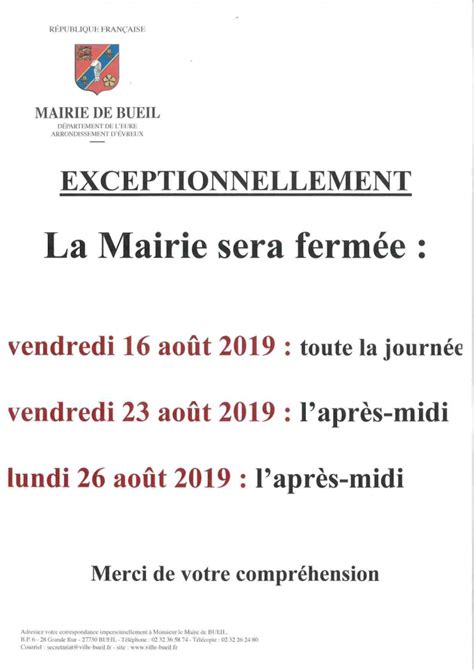 Fermetures Exceptionnelles De La Mairie Mairie De Bueil