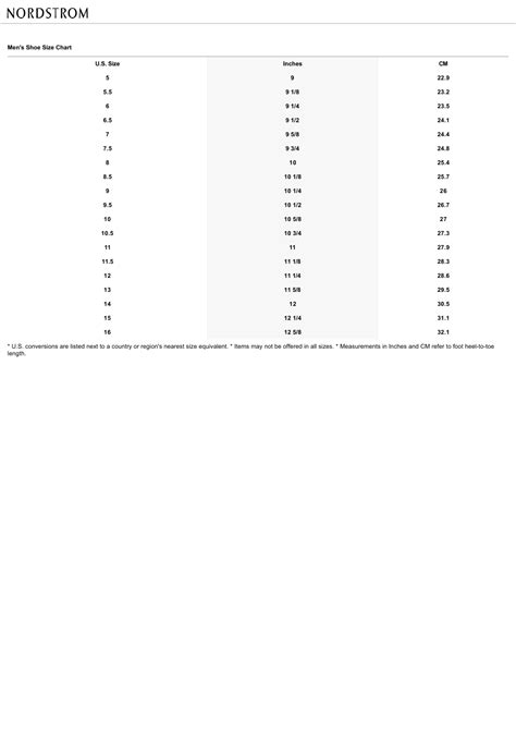 Mens Shoe Size Chart Nordstrom Download Printable Pdf Templateroller