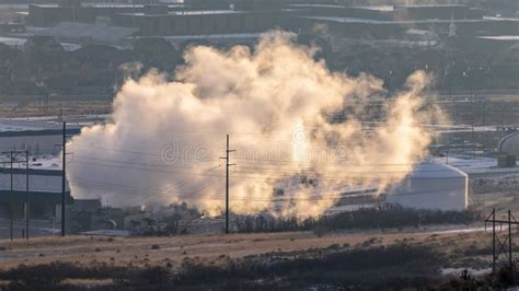 Photo Panorama Frame Industrial Plant Emitting Thick Smoke Against