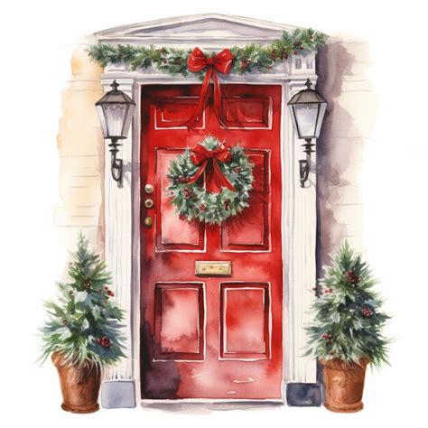 Premium Photo There Is A Red Door With A Wreath And Two Potted Plants